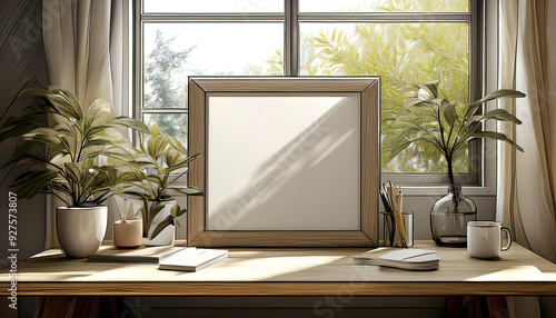 Frame mockup close up at home workplace near window and sunlight in the living room with empty wooden frame, ivory gray hue.
