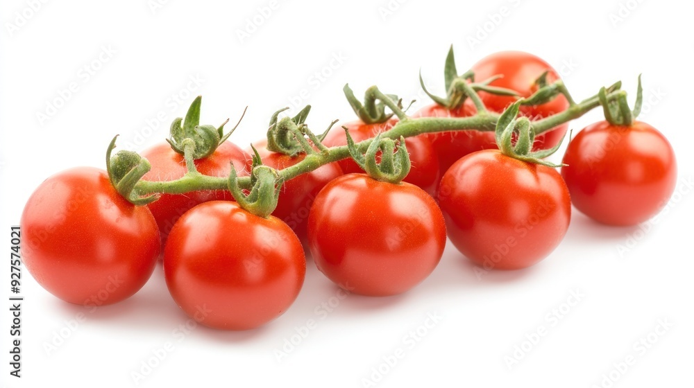 A vibrant cluster of ripe cherry tomatoes attached to a green vine, showcasing a shiny, smooth texture against a white background. A vibrant cluster of ripe cherry tomatoes attached to a green vine, showcasing a shiny, smooth texture against a white background.