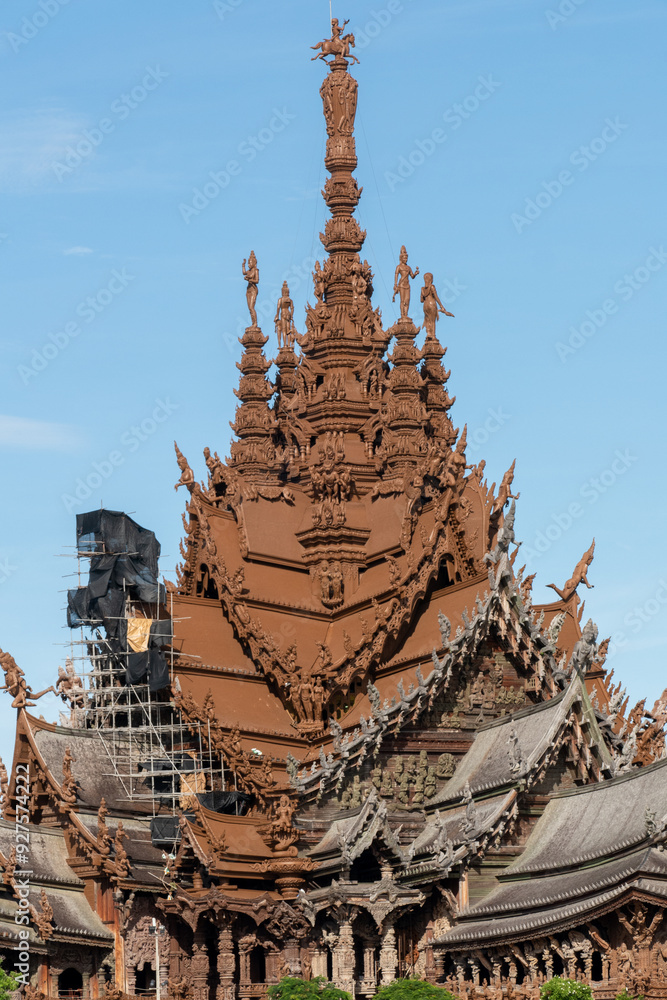 Sanctuary of Truth Museum located in Pattaya Thailand, is the largest wooden castle in the world The museum structure is a hybrid of temple and a castle that is themed on the Ayutthaya Kingdom