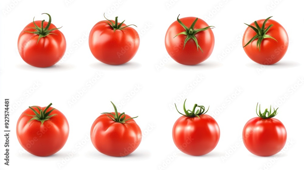 Eight ripe tomatoes in two rows with varying orientations, isolated on a white background. The tomatoes have a bright red color with green stems. Eight ripe tomatoes in two rows with varying orientations, isolated on a white background. The tomatoes have a bright red color with green stems.