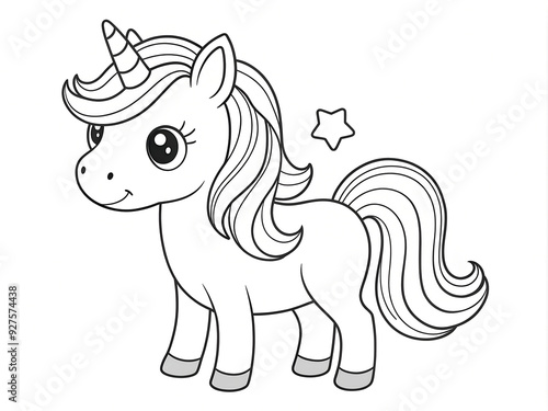 Cute little pony unicorn coloring page for kids on white background