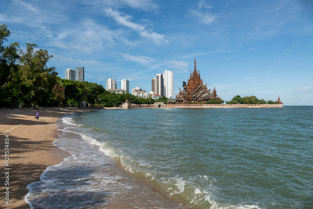 Sanctuary of Truth Museum located in Pattaya Thailand, is the largest wooden castle in the world The museum structure is a hybrid of temple and a castle that is themed on the Ayutthaya Kingdom