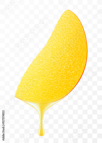 Mango juice dripping from fresh sliced mango, isolated on transparent background. Ripe mango with fresh juice. Bright exotic summer design. Realistic 3d vector illustration