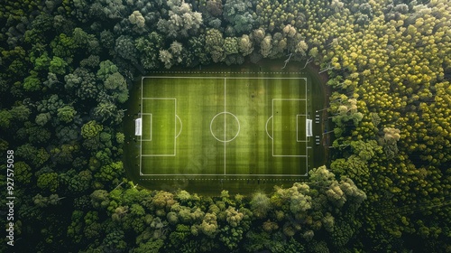 realistic photograph of a zenith view from above a football field, that looks super alive, clean and green like the football courts of a stadium photo