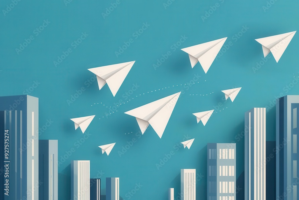 Paper planes flying between office buildings, symbolizing business connections, flat design illustration Paper planes flying between office buildings, symbolizing business connections, flat design illustration