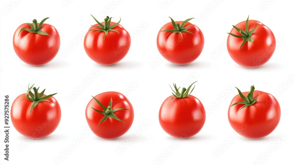 Eight ripe red tomatoes arranged in two rows against a white background, with each tomato showing a green stem. Eight ripe red tomatoes arranged in two rows against a white background, with each tomato showing a green stem.