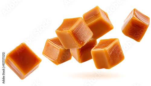 sweet caramel candy cubes, cubes in mid-air, isolated on a white background.
