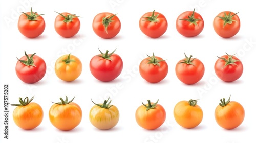 An array of tomatoes in various stages of ripeness, ranging from green to deep red, arranged neatly against a white background.
