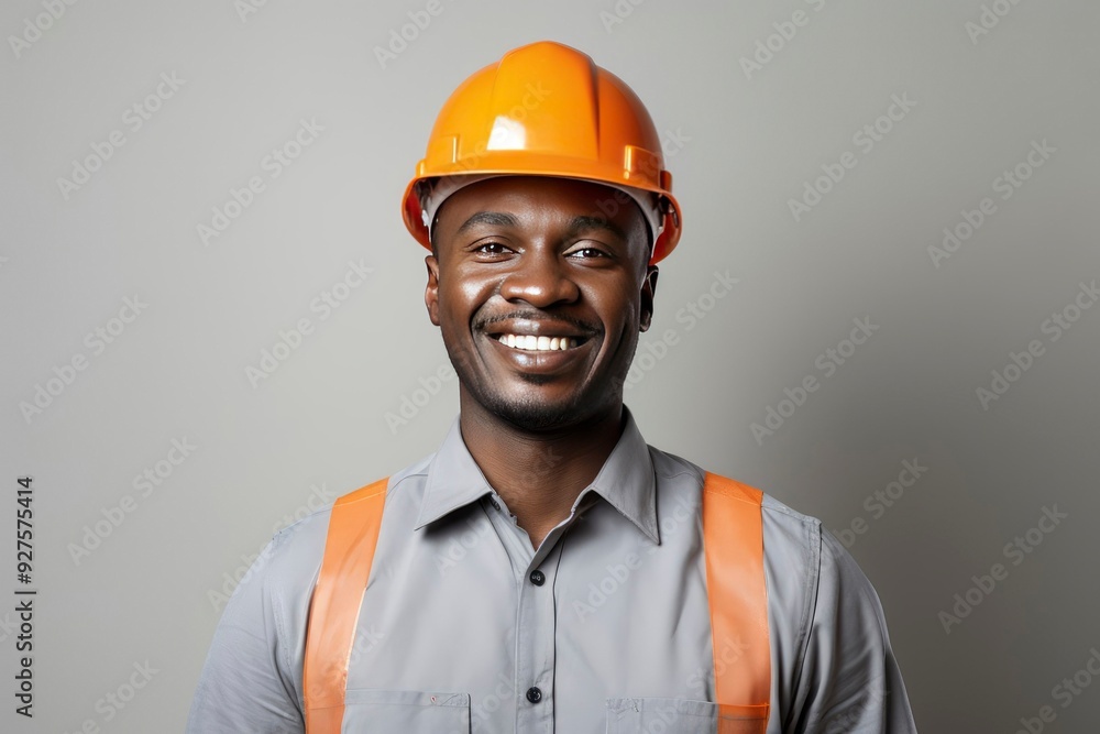 portrait of mature happy black skin handyman or builder in helmet on grey background portrait of mature happy black skin handyman or builder in helmet on grey background