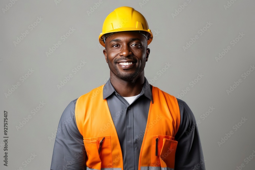 portrait of mature happy black skin handyman or builder in helmet on grey background portrait of mature happy black skin handyman or builder in helmet on grey background