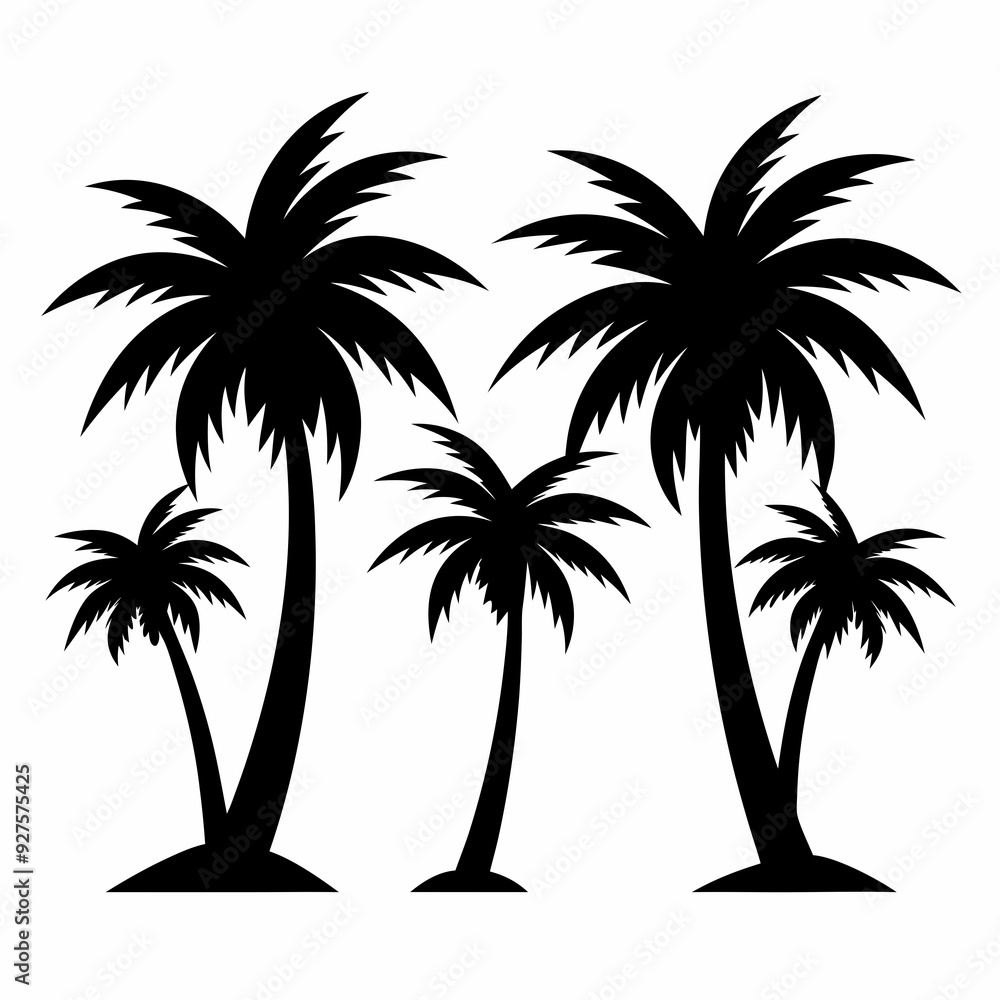 Set of palm tree silhouette white background Set of palm tree silhouette white background