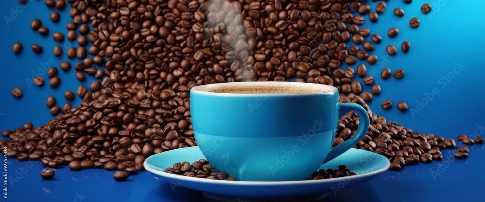 Naklejka premium coffee cup and beans on blue background photo