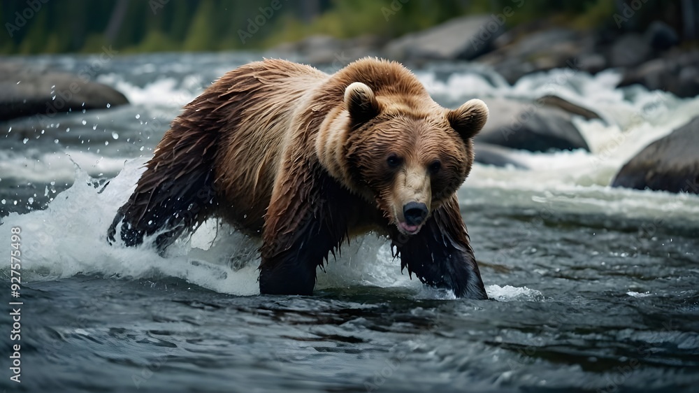 brown bear in water. A bear catching a leaping salmon mid-air in a fast-moving river. The scene is dynamic, with water splashing all around. brown bear in water. A bear catching a leaping salmon mid-air in a fast-moving river. The scene is dynamic, with water splashing all around.
