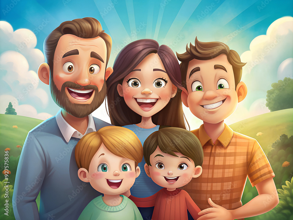 Illustration of a happy family of mom, dad, brother and two sons. Against the background of a park and a blue sky with clouds