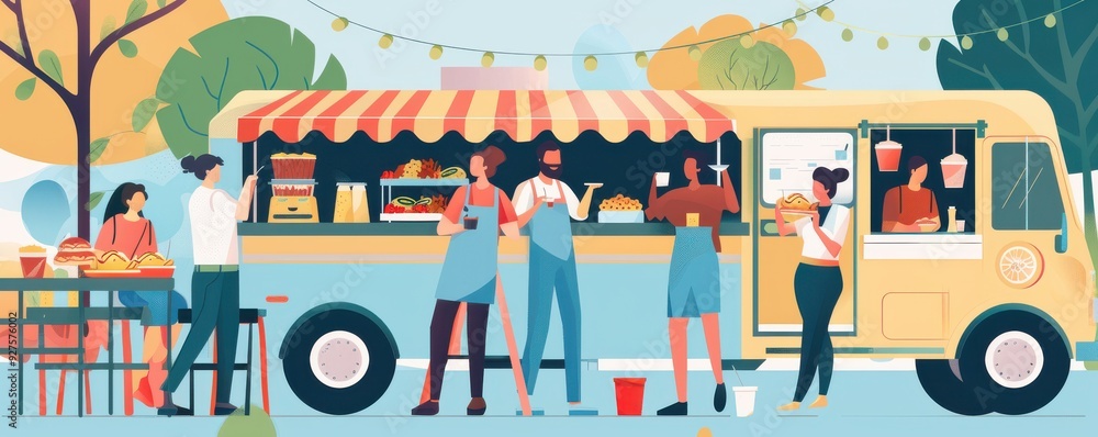 Fototapeta premium Diverse group of friends laughing and enjoying street food together in a vibrant outdoor setting.