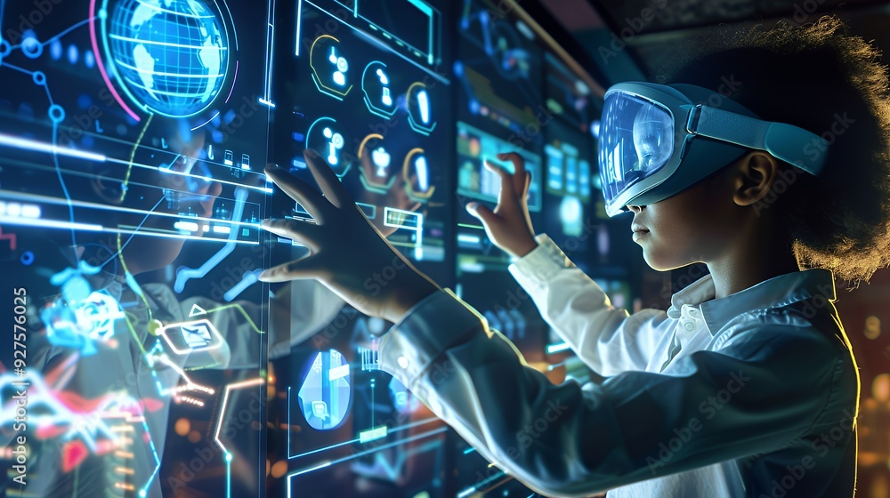 A young person wearing a VR headset interacts with a holographic display filled with data and graphics. A young person wearing a VR headset interacts with a holographic display filled with data and graphics.