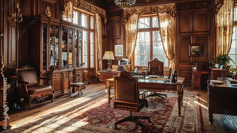 Timeless Elegance in a Traditional Office Setting with Wooden Desks and Classic Decor Timeless Elegance in a Traditional Office Setting with Wooden Desks and Classic Decor