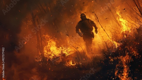 Firefighter in the midst of a forest fire