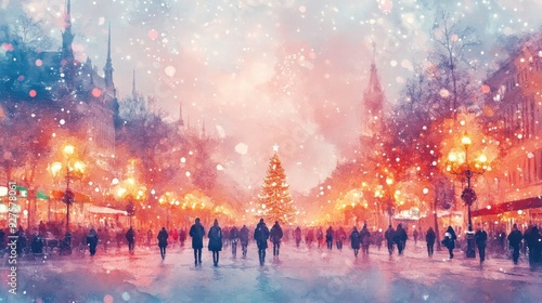 A vibrant, festive winter scene with a glowing Christmas tree and joyful pedestrians amidst falling snow and glowing streetlights. photo