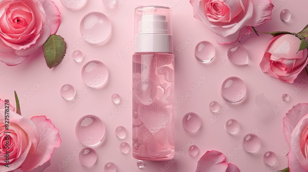 Spray bottle with a rose pattern, surrounded by water droplets and pink roses Spray bottle with a rose pattern, surrounded by water droplets and pink roses