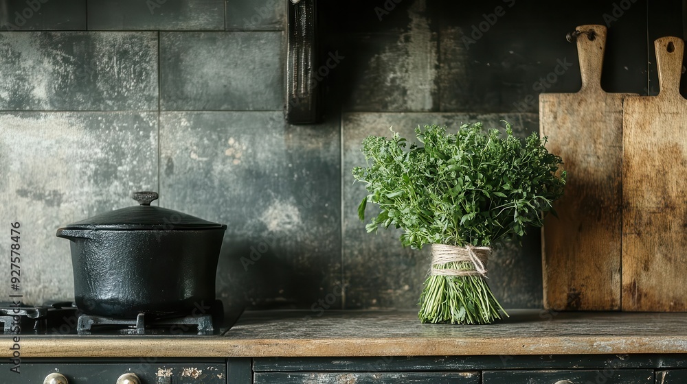 A charming kitchen scene with a bundle of fresh herbs tied with twine, captured in a nostalgic, vintage style A charming kitchen scene with a bundle of fresh herbs tied with twine, captured in a nostalgic, vintage style