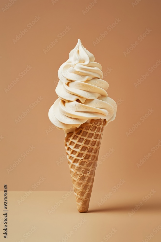 Ice cream in a waffle cone on a brown pastel background Ice cream in a waffle cone on a brown pastel background