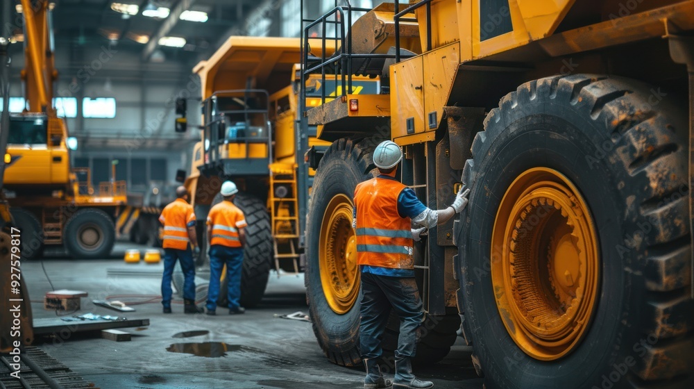 A team of construction workers performing maintenance on an articulated dump truck in a depot A team of construction workers performing maintenance on an articulated dump truck in a depot