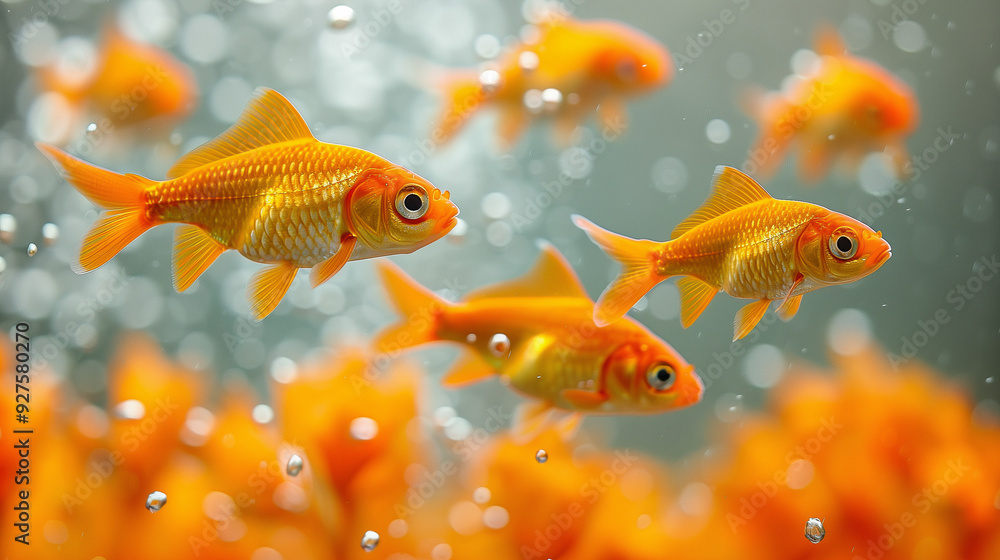 Group of Goldfish Swimming in Clear Aquarium with Bokeh Background.. Group of Goldfish Swimming in Clear Aquarium with Bokeh Background..