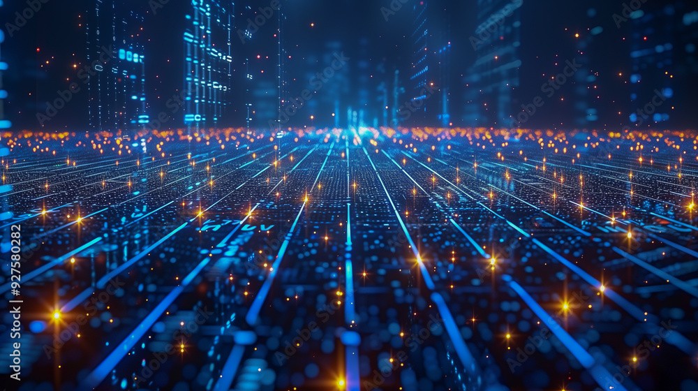 Obraz premium Futuristic Digital Grid with Glowing Data Points..