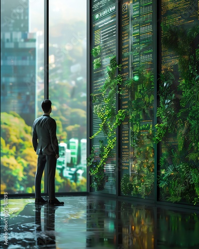 A business professional standing in front of a digital screen showing global sustainability data and green energy trends, with integrated plant decor adding a touch of nature to th photo