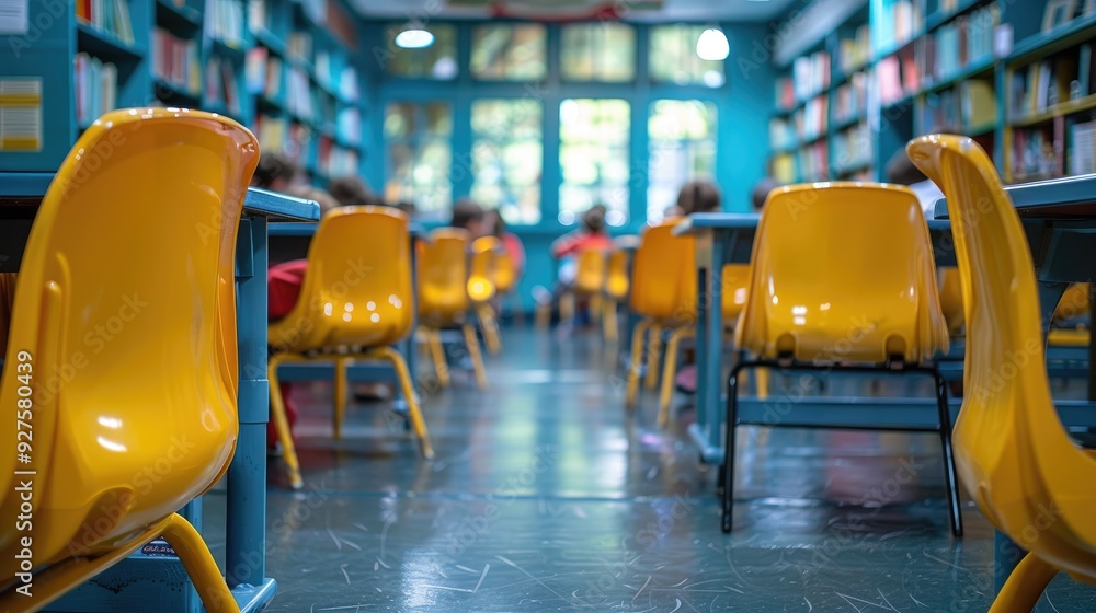 Close up of children's school chairs in the background of a blurry classroom with colorful tables and bookshelves Close up of children's school chairs in the background of a blurry classroom with colorful tables and bookshelves