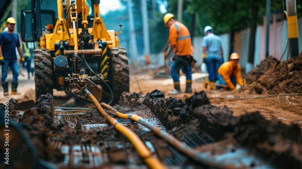 Naklejka premium An operator using a trencher machine to lay utility lines, with a team of workers monitoring progress