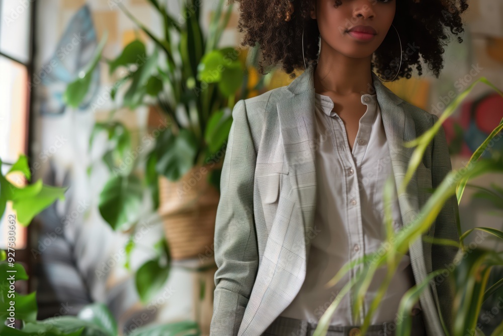 Stylish Woman in Plaid Jacket Surrounded by Greenery Stylish Woman in Plaid Jacket Surrounded by Greenery