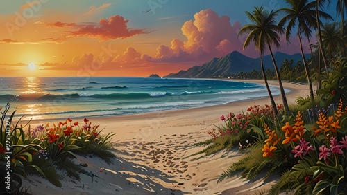 beautiful painting of tropical beach at sunset, with tropical flowers blossom, 