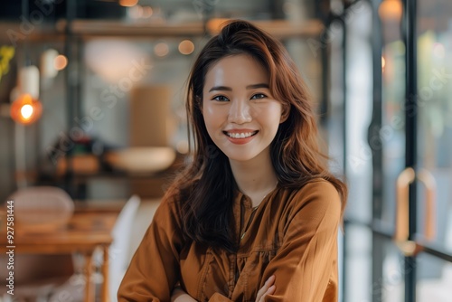 Smiling Asian Woman in Cafe photo