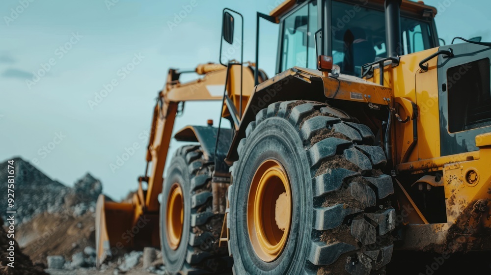 Close-up of a heavy-duty wheel loader in action at a construction job site Close-up of a heavy-duty wheel loader in action at a construction job site