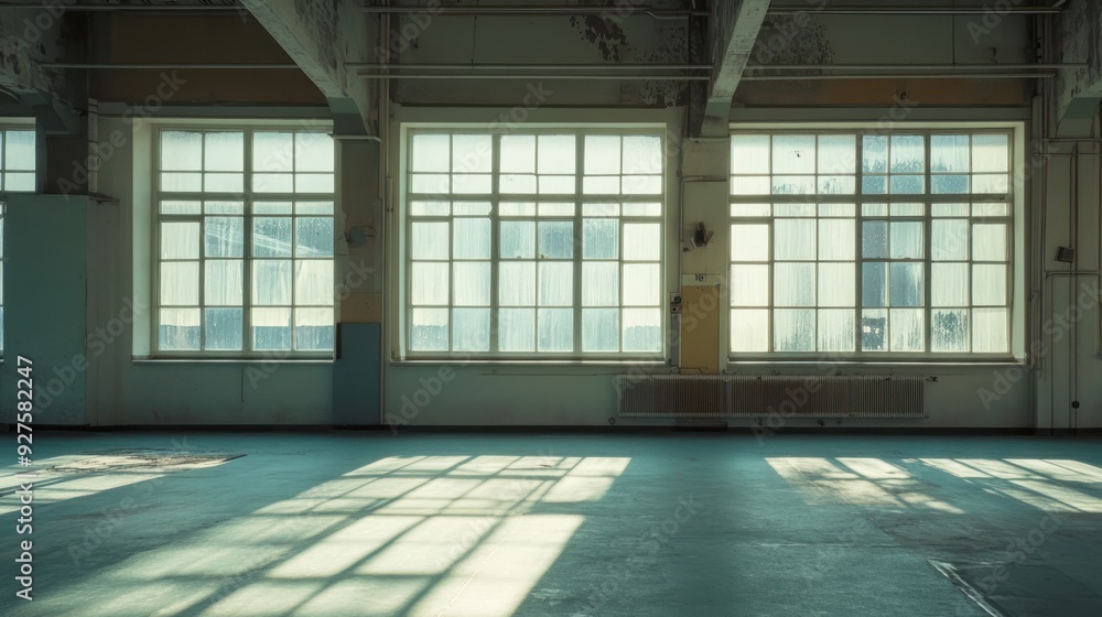 A spacious, empty room with large windows casting patterns of sunlight and shadow on the floor, providing a sense of quiet and abandonment. A spacious, empty room with large windows casting patterns of sunlight and shadow on the floor, providing a sense of quiet and abandonment.
