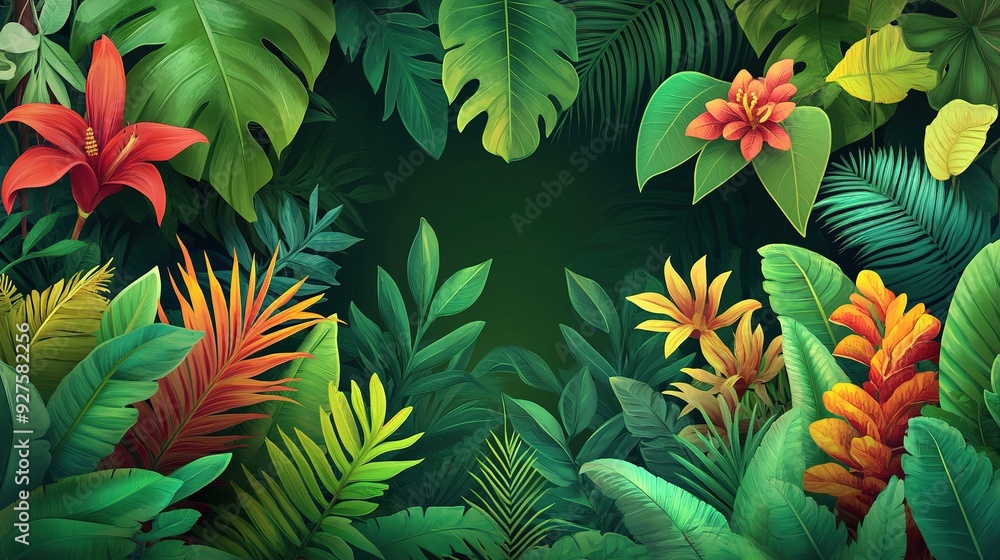 a banner featuring the lush greens and exotic floral of the Amazon Rainforest. a Brazil-Themed Banner Design. a banner featuring the lush greens and exotic floral of the Amazon Rainforest. a Brazil-Themed Banner Design.