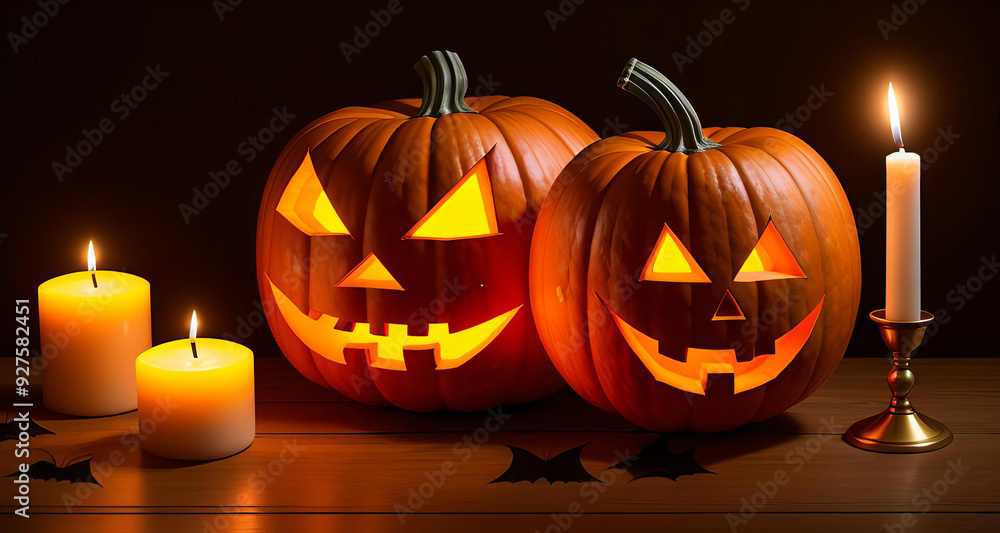 Halloween pumpkins illuminated by candles. The scene is set in a dimly lit space, with the pumpkins glowing warmly in the darkness Halloween pumpkins illuminated by candles. The scene is set in a dimly lit space, with the pumpkins glowing warmly in the darkness