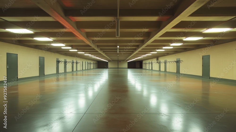 An empty underground parking garage showing symmetrically aligned parking spaces, with fluorescent lighting overhead and a glossy reflective floor stretching into the distance. An empty underground parking garage showing symmetrically aligned parking spaces, with fluorescent lighting overhead and a glossy reflective floor stretching into the distance.