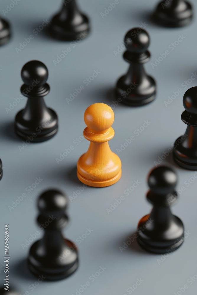 Unique yellow chess pawn standing out among black pawns. Concept of leadership, individuality, and difference. Unique yellow chess pawn standing out among black pawns. Concept of leadership, individuality, and difference.