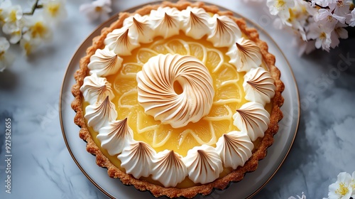 Delicious cake with cream and flowers on a plate, isolated and close-up creamy lemon tart  photo