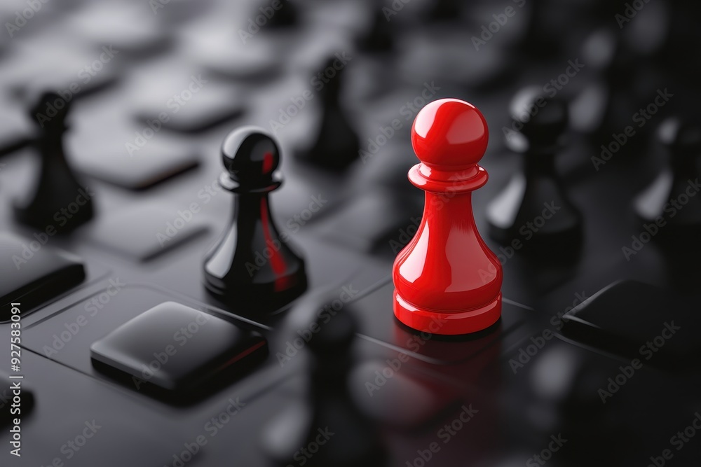 Red chess pawn stands out on a black chessboard surrounded by black pieces, symbolizing leadership and distinction. Red chess pawn stands out on a black chessboard surrounded by black pieces, symbolizing leadership and distinction.