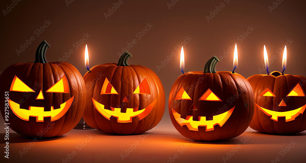 Halloween pumpkins illuminated by candles. The scene is set in a dimly lit space, with the pumpkins glowing warmly in the darkness Halloween pumpkins illuminated by candles. The scene is set in a dimly lit space, with the pumpkins glowing warmly in the darkness