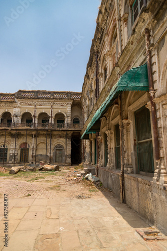 View of the ancient Ramnagar Fort from the river Ganges. The Ramnagar Fort of Varanasi was built in 1750 in typical Mughal style of architecture. photo