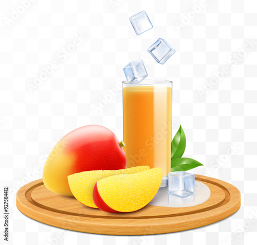 A glass of fresh mango juice or smoothie with ice cubes on a wooden tray isolated on transparent background. Whole and pieces of ripe mango on cutting board. Realistic 3d vector illustration