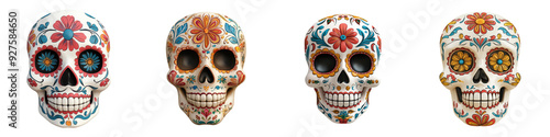 Colorful decorative sugar skulls adorned with floral patterns, celebrating culture and tradition for Dia de los Muertos.