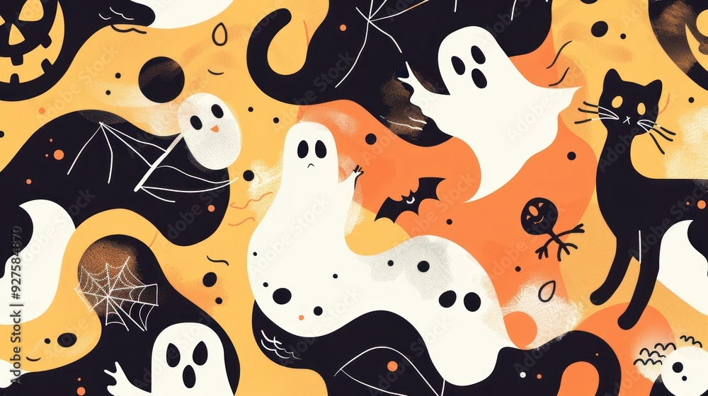 A continuous Halloween pattern with ghosts, skeletons, and black cats seamlessly connected. A continuous Halloween pattern with ghosts, skeletons, and black cats seamlessly connected.