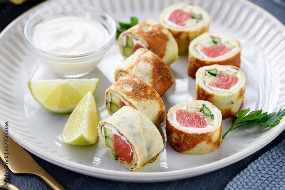 Homemade crepe rolls stuffed with salted salmon, cream cheese and fresh cucumber. Delicious appetizer. Homemade crepe rolls stuffed with salted salmon, cream cheese and fresh cucumber. Delicious appetizer.