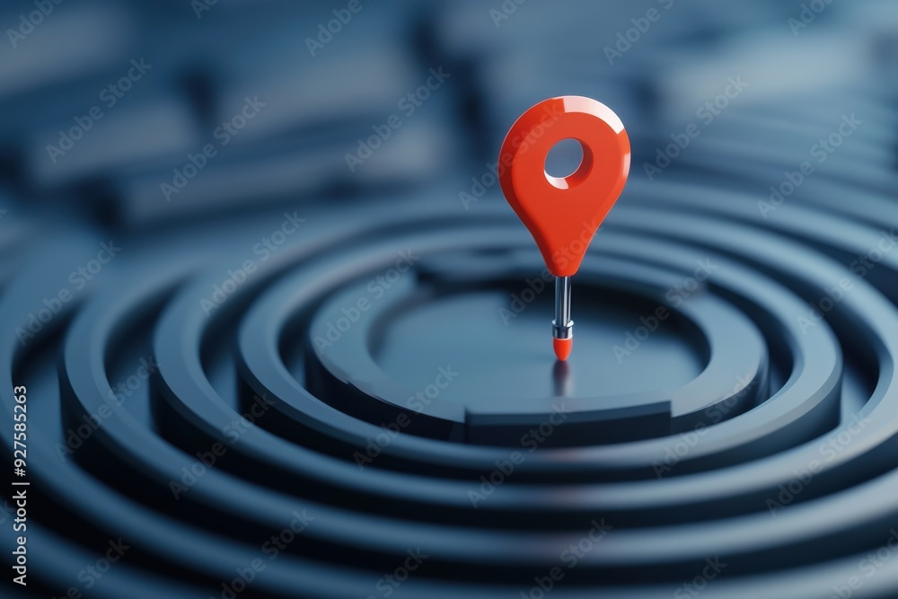 Close-up of a red location pin on a black circular maze, symbolizing navigation, direction, and pinpointing specific locations. Close-up of a red location pin on a black circular maze, symbolizing navigation, direction, and pinpointing specific locations.